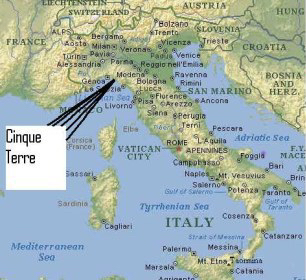 map of Italy with Cinque Terre marked